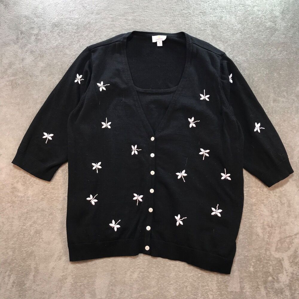 Quacker Factory Dragonfly‎ Beaded Black Cardigan Sweater Women's Size XL Grandma